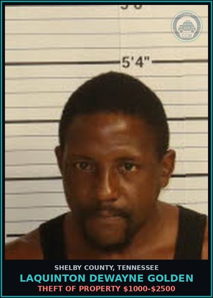 CCW arrest card for LAQUINTON DEWAYNE GOLDEN in Shelby County: THEFT OF PROPERTY $1000-$2500