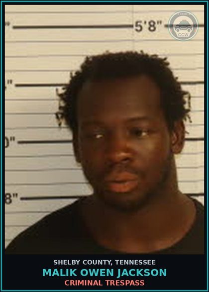 CCW arrest card for MALIK OWEN JACKSON in Shelby County: CRIMINAL TRESPASS