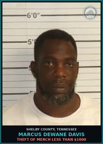 CCW arrest card for MARCUS DEWANE DAVIS in Shelby County: THEFT OF MERCH LESS THAN $1000