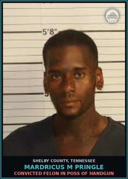 CCW arrest card for MARDRICUS M PRINGLE in Shelby County: CONVICTED FELON IN POSS OF HANDGUN