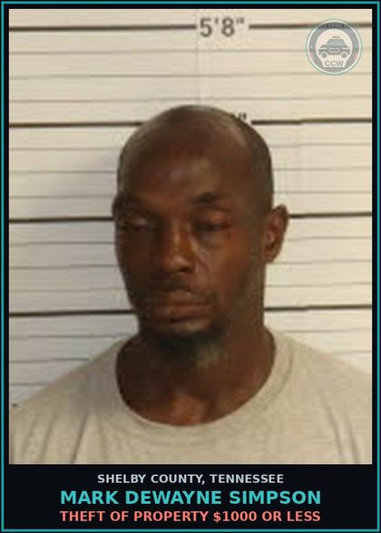 CCW arrest card for MARK DEWAYNE SIMPSON in Shelby County: THEFT OF PROPERTY $1000 OR LESS