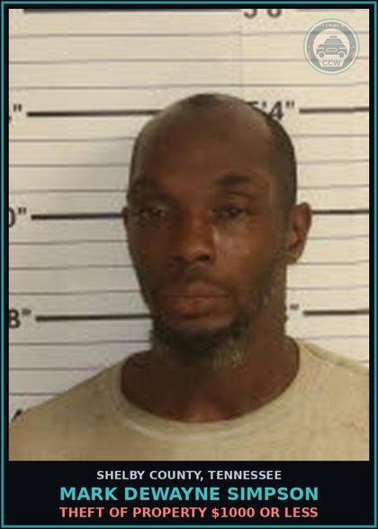 CCW arrest card for MARK DEWAYNE SIMPSON in Shelby County: THEFT OF PROPERTY $1000 OR LESS