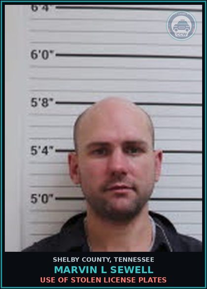 CCW arrest card for MARVIN L SEWELL in Shelby County: USE OF STOLEN LICENSE PLATES