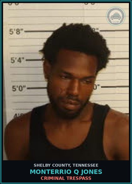 CCW arrest card for MONTERRIO Q JONES in Shelby County: CRIMINAL TRESPASS