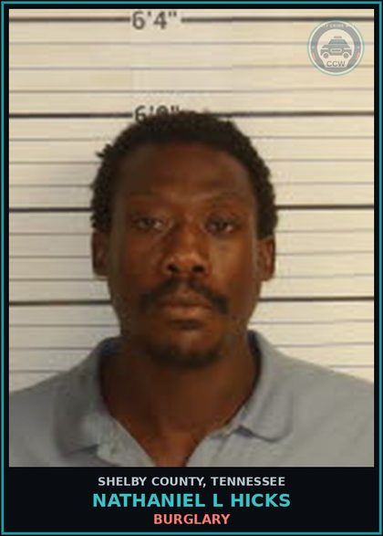 CCW arrest card for NATHANIEL L HICKS in Shelby County: BURGLARY