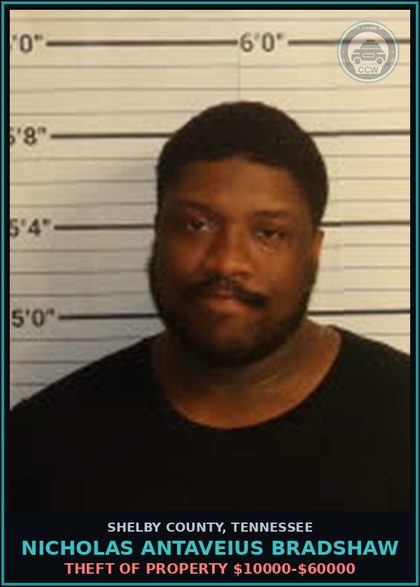 CCW arrest card for NICHOLAS ANTAVEIUS BRADSHAW in Shelby County: THEFT OF PROPERTY $10000-$60000