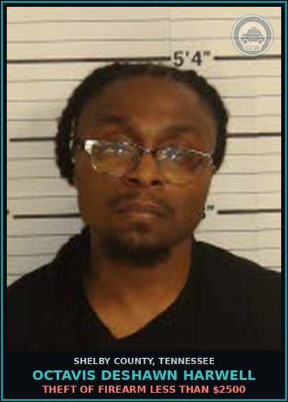 CCW arrest card for OCTAVIS DESHAWN HARWELL in Shelby County: THEFT OF FIREARM LESS THAN $2500