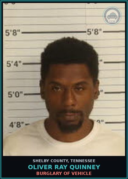 CCW arrest card for OLIVER RAY QUINNEY in Shelby County: BURGLARY OF VEHICLE