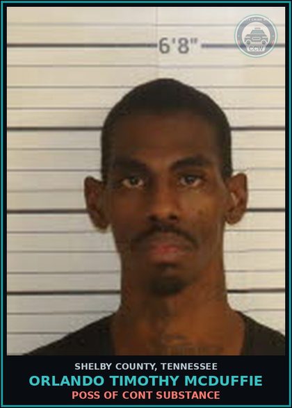 CCW arrest card for ORLANDO TIMOTHY MCDUFFIE in Shelby County: MANUF/DEL/SELL contr substance
