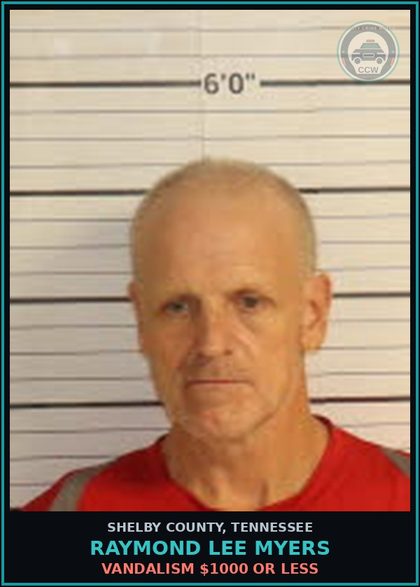 CCW arrest card for RAYMOND LEE MYERS in Shelby County: VANDALISM $1000 OR LESS