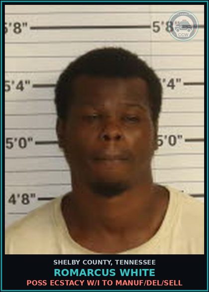 CCW arrest card for ROMARCUS WHITE in Shelby County: POSS ECSTACY W/I TO MANUF/DEL/SELL