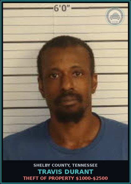 CCW arrest card for TRAVIS DURANT in Shelby County: THEFT OF PROPERTY $1000-$2500