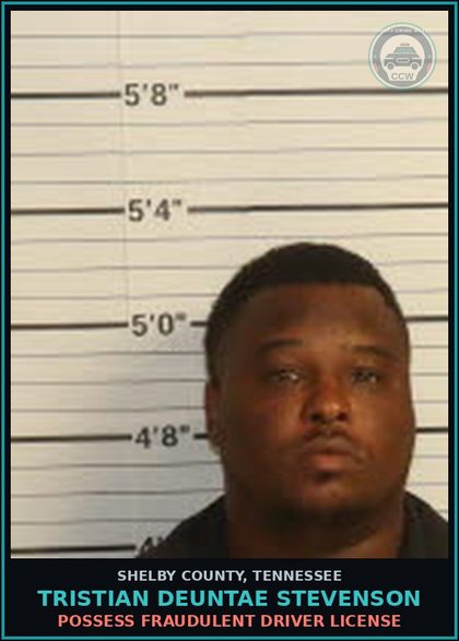 CCW arrest card for TRISTIAN DEUNTAE STEVENSON in Shelby County: POSSESS FRAUDULENT DRIVER LICENSE