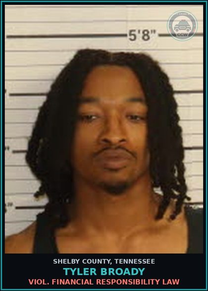 CCW arrest card for TYLER BROADY in Shelby County: VIOL. FINANCIAL RESPONSIBILITY LAW