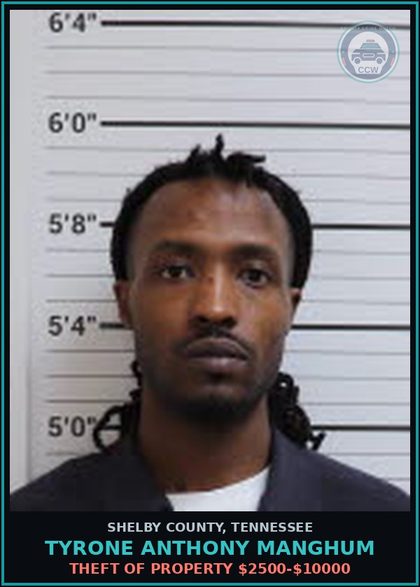 CCW arrest card for TYRONE ANTHONY MANGHUM in Shelby County: THEFT OF PROPERTY $2500-$10000