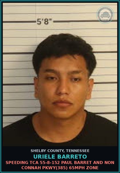 CCW arrest card for URIELE BARRETO in Shelby County: SPEEDING TCA 55-8-152 PAUL BARRET AND NON CONNAH PKWY(385) 65MPH ZONE