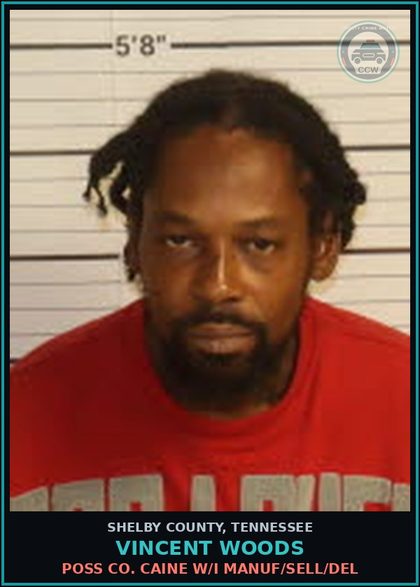 CCW arrest card for VINCENT WOODS in Shelby County: POSS COCAINE W/I MANUF/SELL/DEL