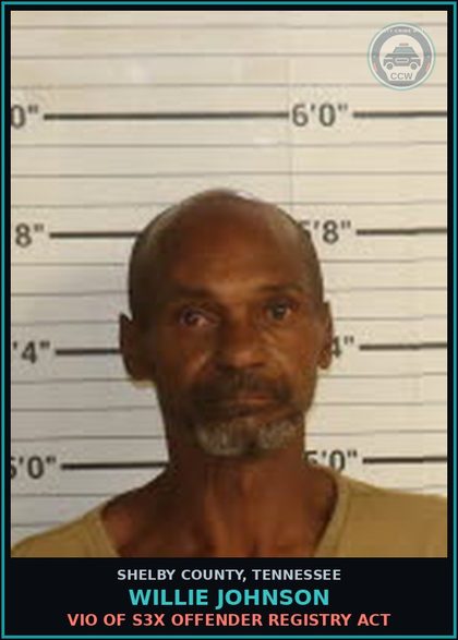 CCW arrest card for WILLIE JOHNSON in Shelby County: VIO OF s3x OFFENDER REGISTRY ACT
