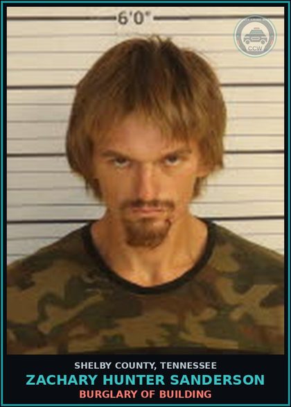 CCW arrest card for ZACHARY HUNTER SANDERSON in Shelby County: BURGLARY OF BUILDING