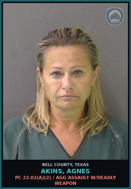 CCW arrest card for AKINS, AGNES in Bell County: HSC481.115(b)/POSS CS PG 1/1-B <1G