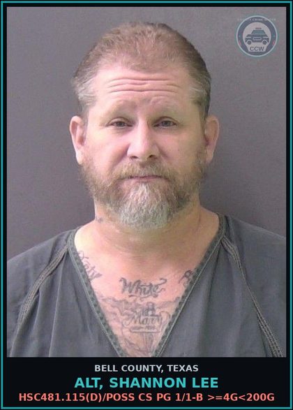 CCW arrest card for ALT, SHANNON LEE in Bell County: HSC481.115(d)/POSS CS PG 1/1-B >=4G<200G