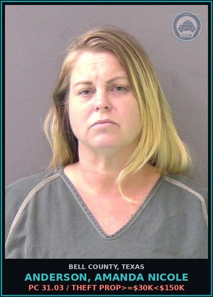 CCW arrest card for ANDERSON, AMANDA NICOLE in Bell County: PC 31.03 / THEFT PROP>=$30K<$150K