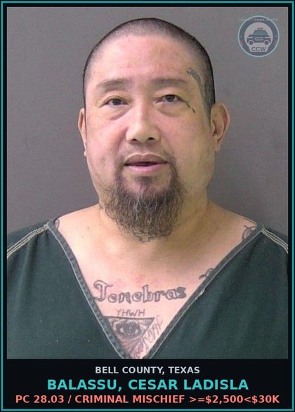 CCW arrest card for BALASSU, CESAR LADISLA in Bell County: PC 28.03 / CRIMINAL MISCHIEF >=$2,500<$30K