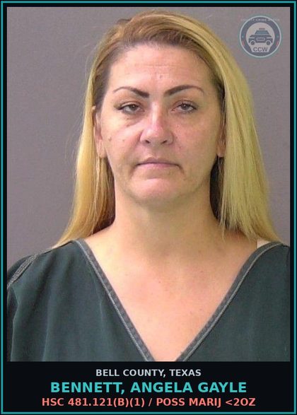 CCW arrest card for BENNETT, ANGELA GAYLE in Bell County: HSC 481.121(b)(1) / POSS MARIJ <2OZ