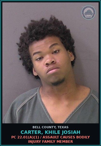 CCW arrest card for CARTER, KHILE JOSIAH in Bell County: PC 38.03(a) / RESIST ARREST SEARCH OR TRANSPORT