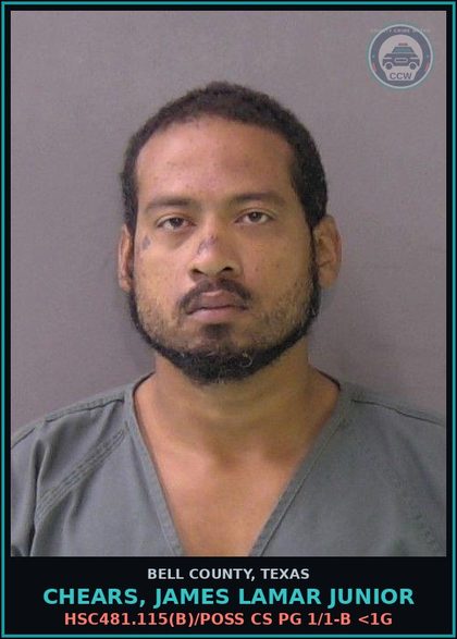 CCW arrest card for CHEARS, JAMES LAMAR JUNIOR in Bell County: HSC481.115(b)/POSS CS PG 1/1-B <1G