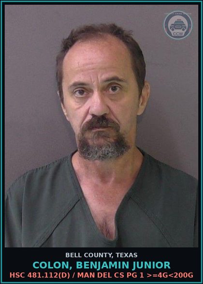 CCW arrest card for COLON, BENJAMIN JUNIOR in Bell County: HSC 481.112(d) / MAN DEL CS PG 1 >=4G<200G