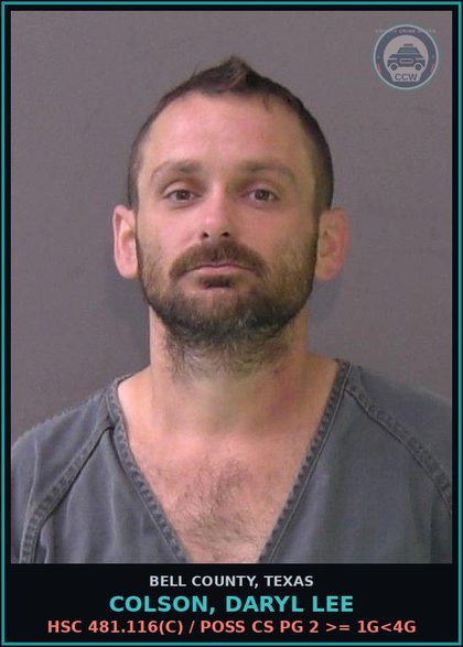 CCW arrest card for COLSON, DARYL LEE in Bell County: HSC 481.116(c) / POSS CS PG 2 >= 1G<4G