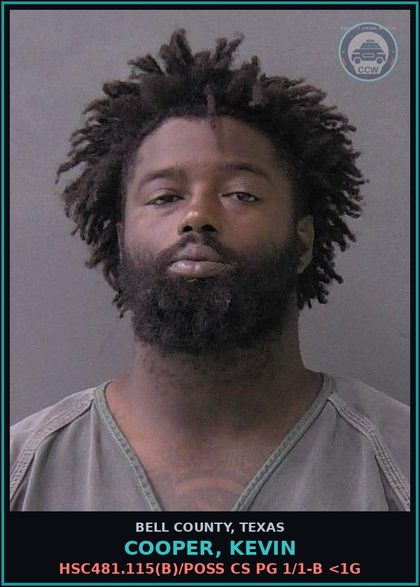CCW arrest card for COOPER, KEVIN in Bell County: HSC481.115(b)/POSS CS PG 1/1-B <1G