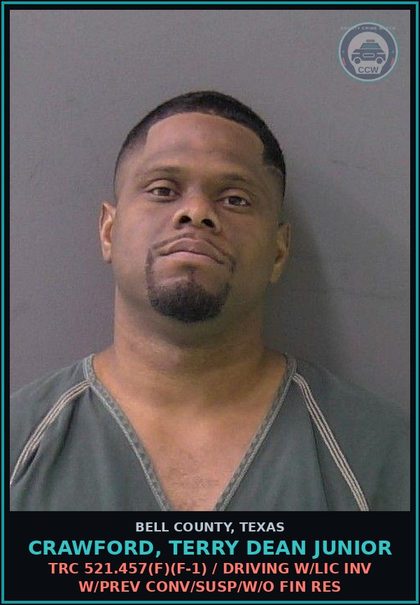 CCW arrest card for CRAWFORD, TERRY DEAN JUNIOR in Bell County: TRC 521.457(f)(f-1) / DRIVING W/LIC INV W/PREV CONV/SUSP/W/O FIN RES
