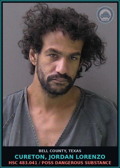 CCW arrest card for CURETON, JORDAN LORENZO in Bell County, Texas: HSC 483.041 / POSS DANGEROUS DRUG