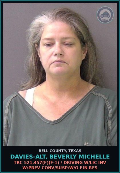 CCW arrest card for DAVIES-ALT, BEVERLY MICHELLE in Bell County, Texas: TRC 550.025(a) / FAIL TO MAINTAIN LIAB INS