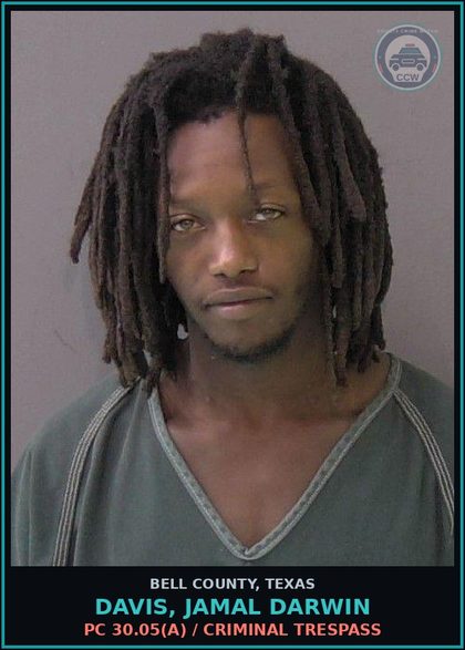 CCW arrest card for DAVIS, JAMAL DARWIN in Bell County: PC 30.05(a) / CRIMINAL TRESPASS