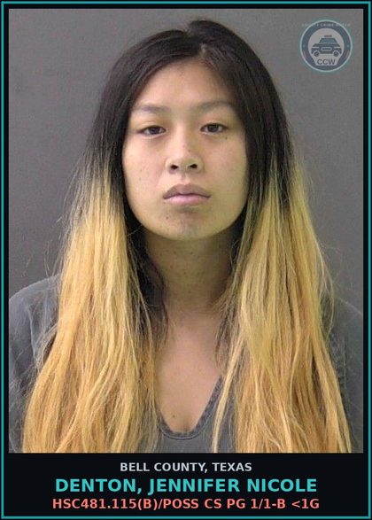 CCW arrest card for DENTON, JENNIFER NICOLE in Bell County: HSC481.115(b)/POSS CS PG 1/1-B <1G