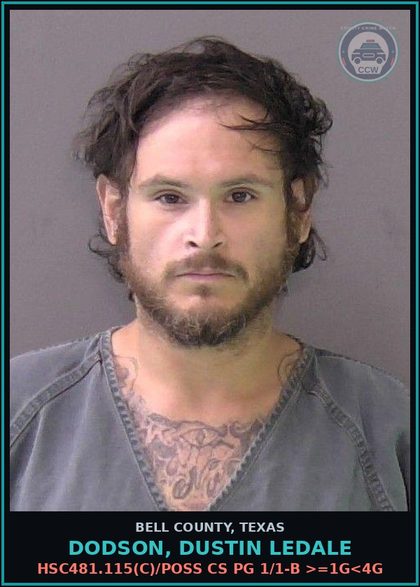 CCW arrest card for DODSON, DUSTIN LEDALE in Bell County: / BLUE WARRANT