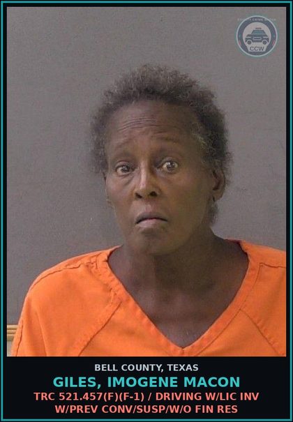 CCW arrest card for GILES, IMOGENE MACON in Bell County: PC 38.02(d)(2) / FAIL TO IDENTIFY FUGITIVE INTENT GIVE FALSE IN