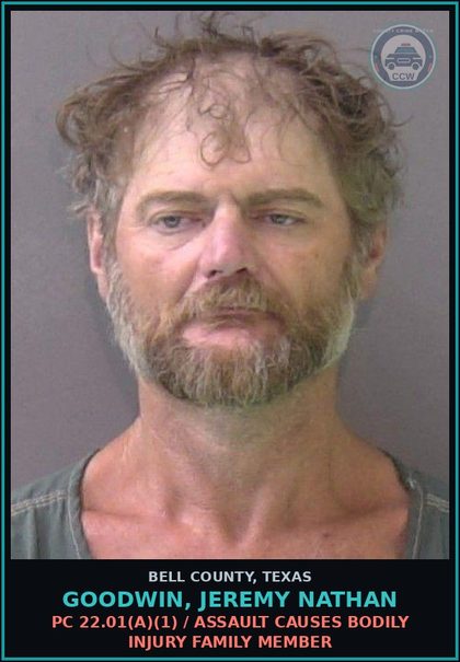 CCW arrest card for GOODWIN, JEREMY NATHAN in Bell County: PC 28.03 / CRIMINAL MISCHIEF >=$100<$750