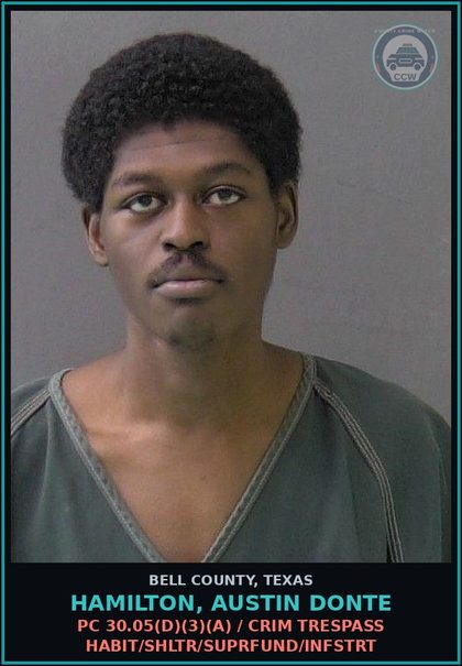 CCW arrest card for HAMILTON, AUSTIN DONTE in Bell County: PC 30.05(d)(3)(A) / CRIM TRESPASS HABIT/SHLTR/SUPRFUND/INFSTRT