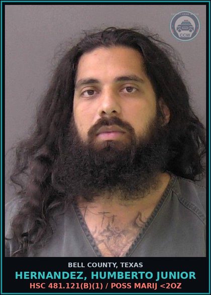 CCW arrest card for HERNANDEZ, HUMBERTO JUNIOR in Bell County: HSC 481.121(b)(1) / POSS MARIJ <2OZ