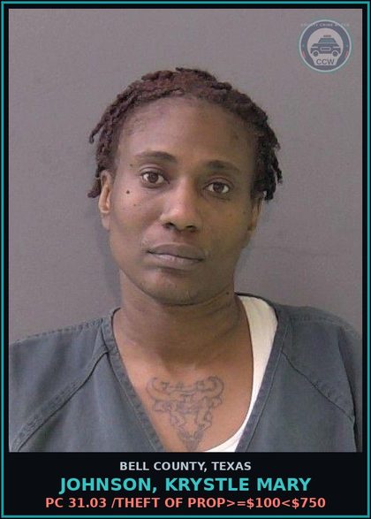 CCW arrest card for JOHNSON, KRYSTLE MARY in Bell County: PC 31.03 /THEFT OF PROP>=$100<$750