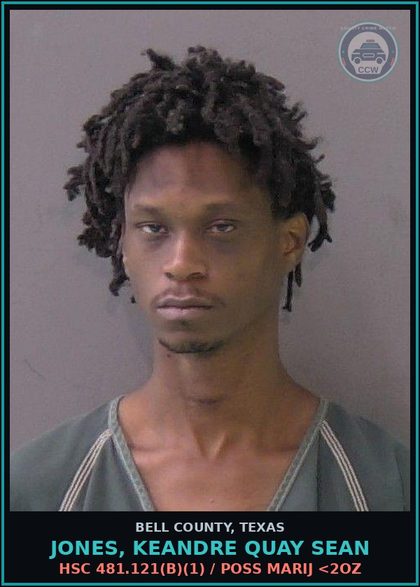 CCW arrest card for JONES, KEANDRE QUAY SEAN in Bell County: HSC 481.121(b)(1) / POSS MARIJ <2OZ