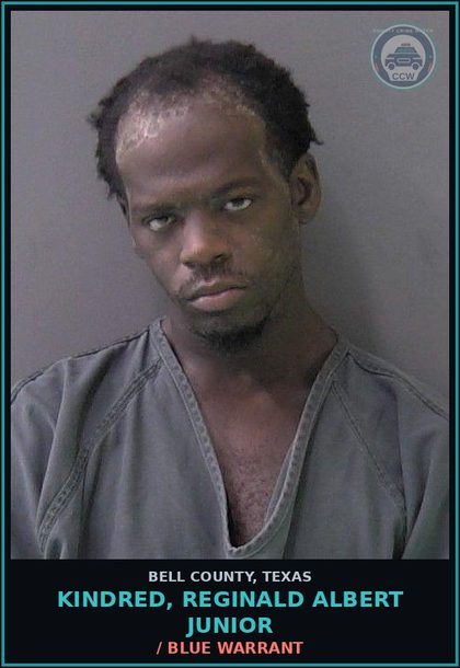 CCW arrest card for KINDRED, REGINALD ALBERT JUNIOR in Bell County: / BLUE WARRANT