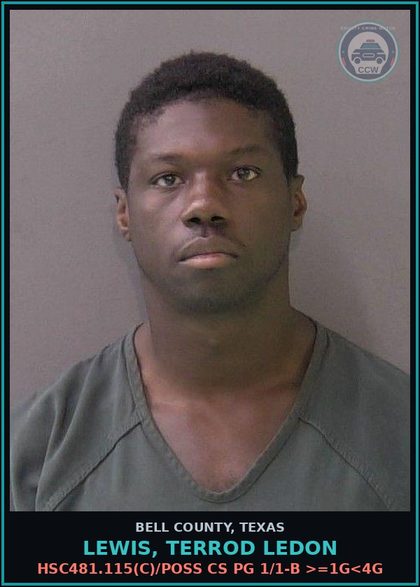 CCW arrest card for LEWIS, TERROD LEDON in Bell County: HSC481.115(c)/POSS CS PG 1/1-B >=1G<4G