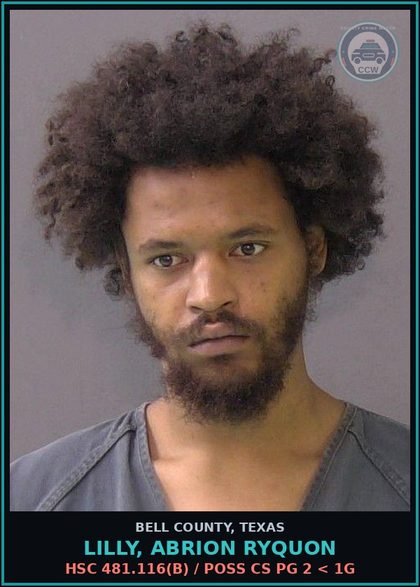 CCW arrest card for LILLY, ABRION RYQUON in Bell County: HSC 481.116(b) / POSS CS PG 2 < 1G
