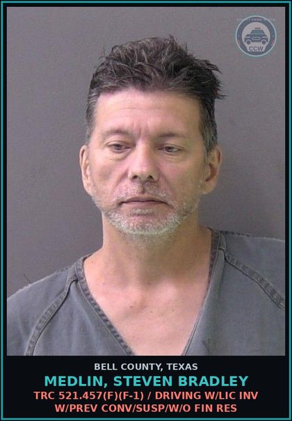 CCW arrest card for MEDLIN, STEVEN BRADLEY in Bell County: TRC 521.457(f)(f-1) / DRIVING W/LIC INV W/PREV CONV/SUSP/W/O FIN RES