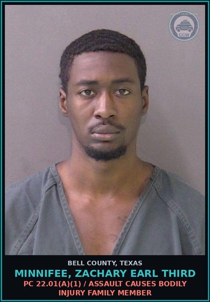 CCW arrest card for MINNIFEE, ZACHARY EARL THIRD in Bell County: PC 22.01(a)(1) / ASSAULT CAUSES BODILY INJURY FAMILY MEMBER